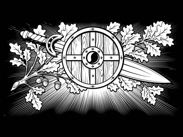 Викинг Скандинавский Дизайн Щит Викингов Меч Воина Дубовая Ветвь Листьями — стоковый вектор