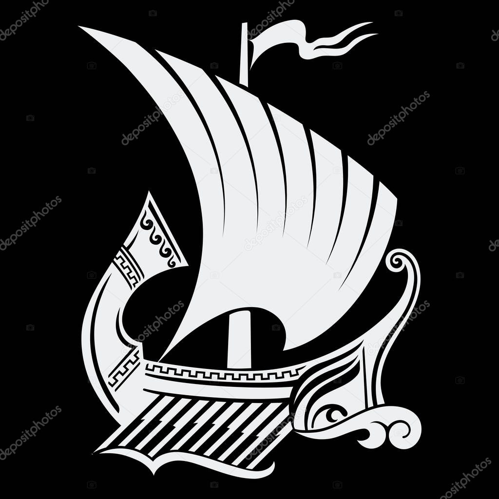 Ancient Hellenic design, ancient Greek sailing ship galley - triera and Greek ornament meander, isolated on black, vector illustration