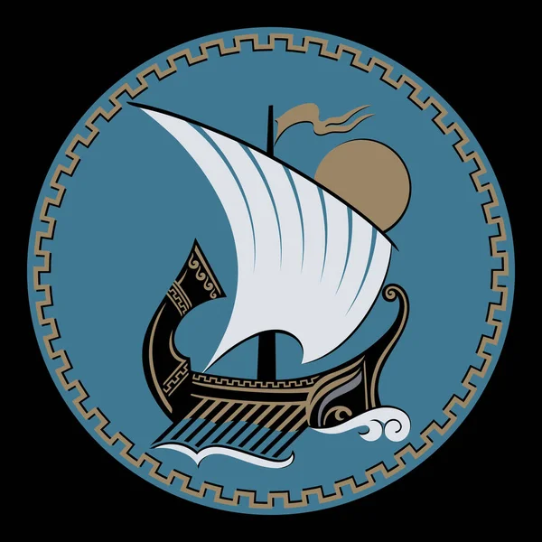 Vintage Greek Shield Design Ancient Greek Sailing Ship Galley Triera — Image vectorielle