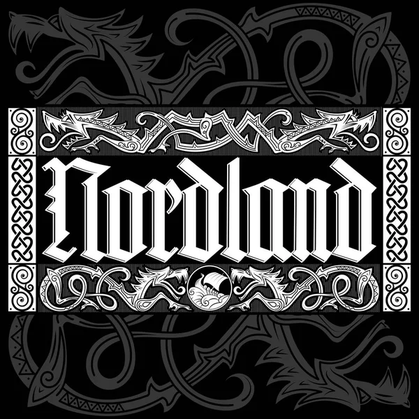 Eski İskandinav tasarımı. Nordland harfleri gotik stil ve hasır çerçeve ile Kelt İskandinav tarzında, siyah üzerine izole edilmiş, vektör illüstrasyonu