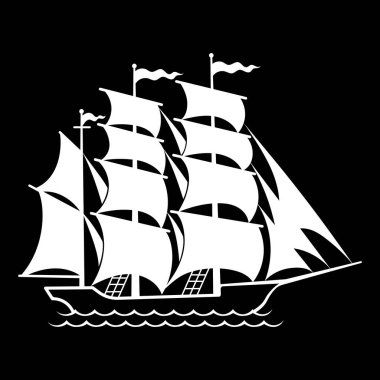 Retro styled sailboat design. A sailing ship soaring in the waves of the sea, isolated on black, vector illustration