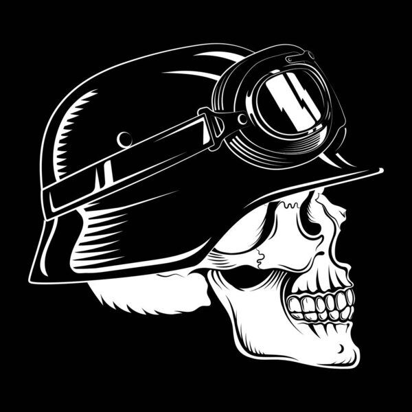 Design in a biker retro style. Skull with motorbike helmet and safety goggles, isolated on black, vector illustration