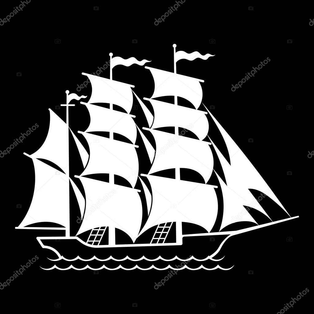 Retro styled sailboat design. A sailing ship soaring in the waves of the sea, isolated on black, vector illustration