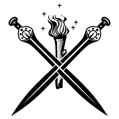 İskandinav Viking tasarımı. İki çapraz kılıç ve yanan bir meşale, beyaz renkte izole edilmiş, vektör simgesi.