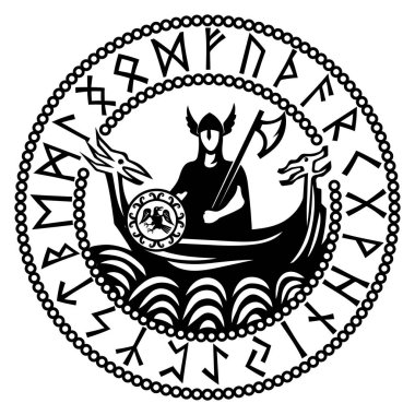 Eski İskandinav tarzı tasarım. Viking gemisi Drakkar 'ın üzerinde baltası olan eski bir İskandinav savaşçısı ve beyaz üzerinde izole edilmiş runik sembollerden oluşan bir daire.