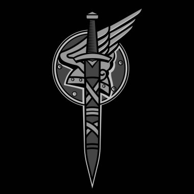 Eski İskandinav tarzında eski bir illüstrasyon. Kalkan, Viking kılıcı ve kanatlı miğfer, siyah üzerine izole edilmiş, vektör illüstrasyonu.