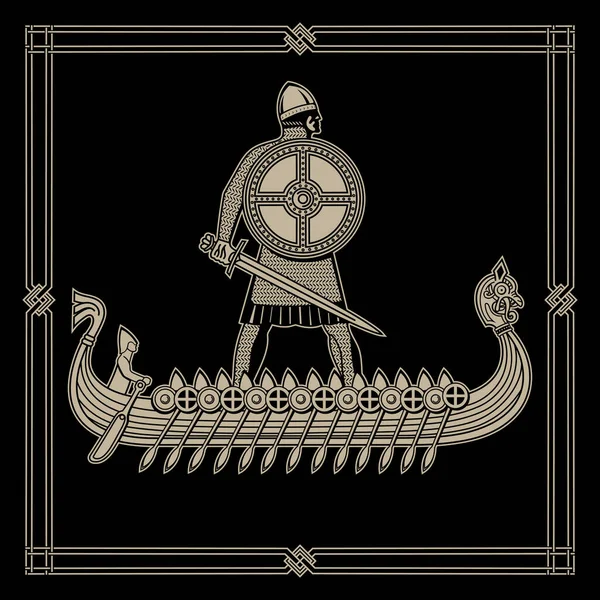 Design Old Norse Style Viking Warrior Sword Shield Drakkar Ship — Stock Vector