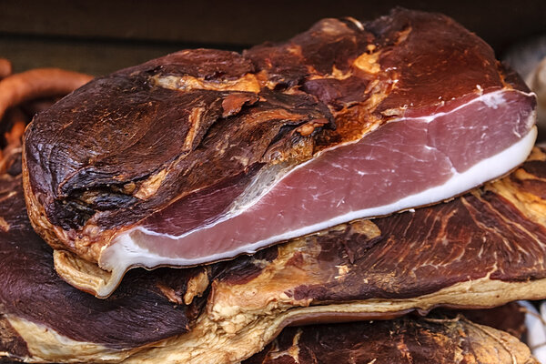 Pieces of smoked pork bacon-2