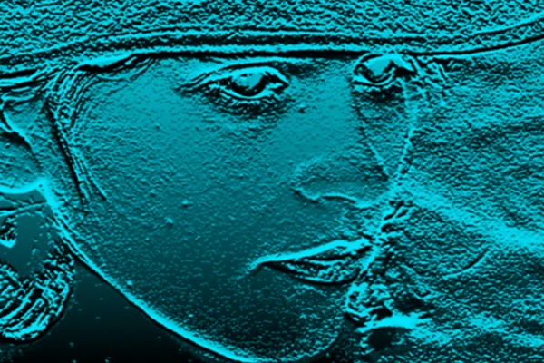 Weibliches Gesicht im abstrakten blauen Marin-Hintergrund — Stockfoto