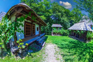 SIBIU, ROMANIA - 9 Temmuz 2020: Stolojani-Carbunesti, Gorj ülkesinden eski mimari kompleksi. Romanya 'nın en büyük açık hava müzesi olan Geleneksel Halk Uygarlığı Müzesi (Astra) Sibiu.