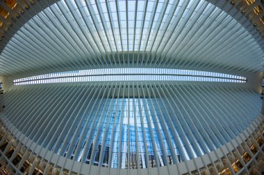 New York, ABD - 9 Mart 2020: One World Trade Center Transportation Hub 'daki (Westfield Dünya Ticaret Merkezi) banliyö istasyonunun ayrıntıları.
