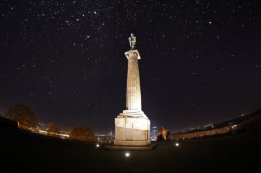 Kalemegdan, Belgrad, Sırbistan 'da bir anıt olan Pobednik Sütunu ile gece görüşü, heykeltıraş İvan Metroviç, Selanik cephesinin onuncu atılımı münasebetiyle 1928 yılında inşa edildi..