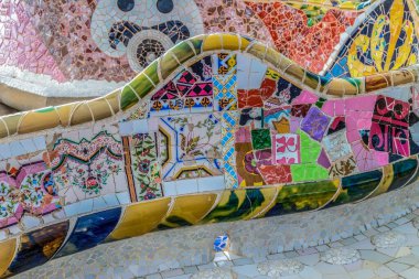 Carmel Hill, Barcelona, Katalonya, İspanya 'da bulunan Park Guell' in ayrıntıları, mimar Antoni Gaudi. 1900-1914 arası inşa edilmiş, 1926 'da resmen açılmış. 1984 yılından itibaren UNESCO Dünya Mirası Alanının bir parçasıdır..