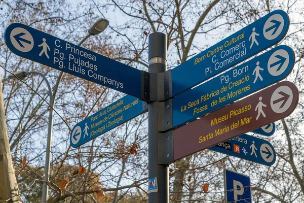 Barcelona Spain February 2022 Street Signs Marking Direction Famous Sites — Stock Photo, Image