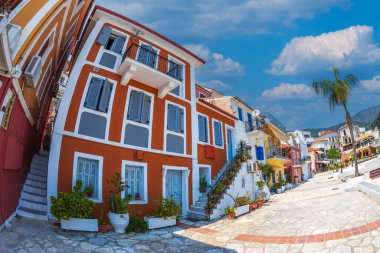 Parga, Greece, with traditional Greek colorful neoclassical mansions covering the slopes near the city, a coastal town and municipality located in the NW part of the regional unit of Preveza in Epirus.