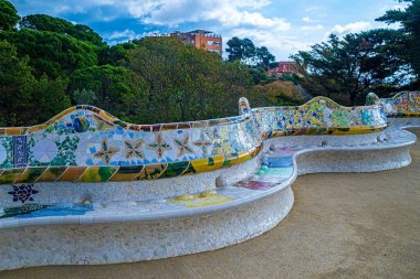 Barcelona, Spain - Feb. 28,2022: Detail from the Park Guell on Carmel Hill, Barcelona, Catalonia, Spain, architect Antoni Gaudi. Built 1900-1914, officially opened in 1926. UNESCO World Heritage Site.