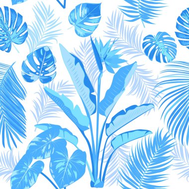 Mavi palmiye yaprakları ve çiçeklerle tropikal desenli vektör. Botanik ışığı arka planı, orman duvar kağıdı.