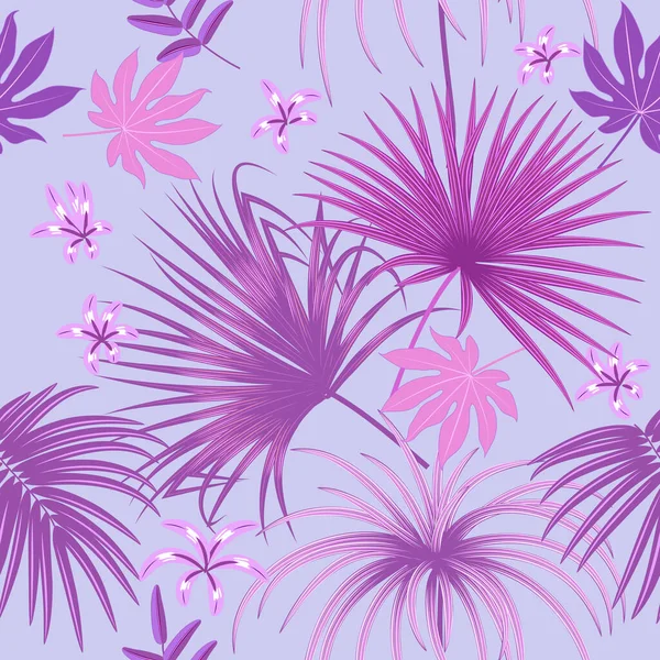 无缝隙的粉色热带棕榈叶和花朵图案 植物病媒背景 丛林壁纸 — 图库矢量图片