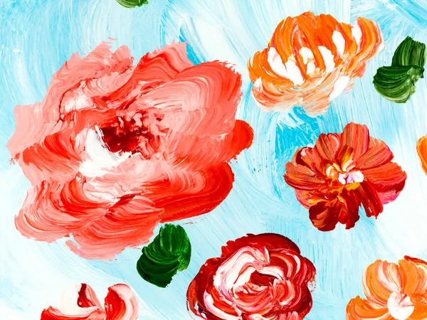 Abstract red and pink  flowers, art painting, creative hand painted background, brush texture, acrylic painting on canvas. Modern art. Contemporary art.