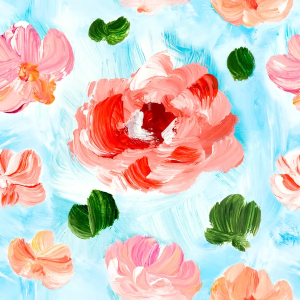 Seamless Pattern Abstract Red Pink Flowers Art Painting Creative Hand — Stock Photo, Image