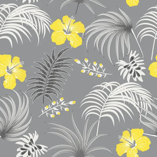 Бесшовный Рисунок Конечных Серых Тропических Листьев Пальмы Светящихся Желтых Цветов — стоковый вектор