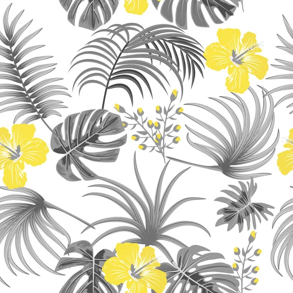 Бесшовный Рисунок Конечных Серых Тропических Листьев Пальмы Светящихся Желтых Цветов — стоковый вектор