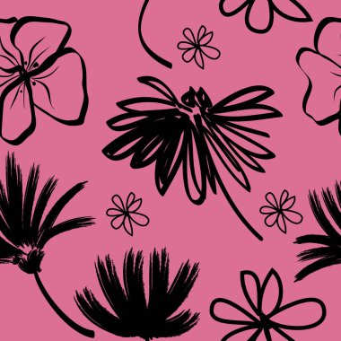 Pasifik Pembesi, soyut siyah çiçekli kusursuz bir desen. El çizimi şekiller ve çizgi sanatı. Katılım çizimi, botanik element. 