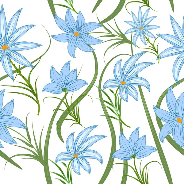 Sömlös Mönster Med Blå Blommor Och Tropiska Palmblad Djungel Vektor — Stock vektor