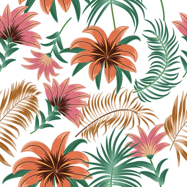 落ち着いたサンゴの花や熱帯ヤシの葉 ジャングルベクトルの背景 ファッション ファブリック 壁紙のための植物のデザインとシームレスなパターン — ストックベクタ