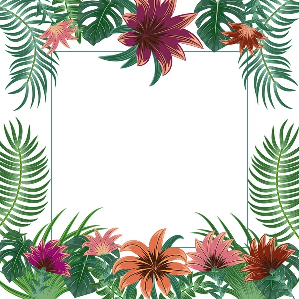Tropical Frame Exotic Flowers Palm Leaves Copy Space Text Party — Stock Vector
