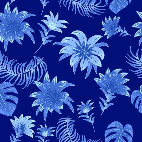 Бесшовный Узор Голубыми Тропическими Пальмовыми Листьями Цветами Темно Синем Фоне — стоковый вектор