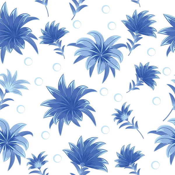 Seamless Pattern Blue Flowers White Background Floral Decorative Illustration Vector — 图库矢量图片