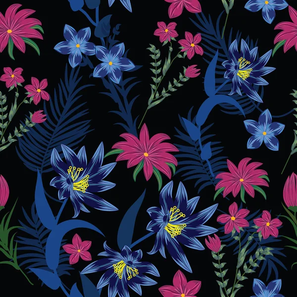 Patrón Sin Costuras Con Flores Azules Púrpuras Fondo Vectorial Plantas — Vector de stock