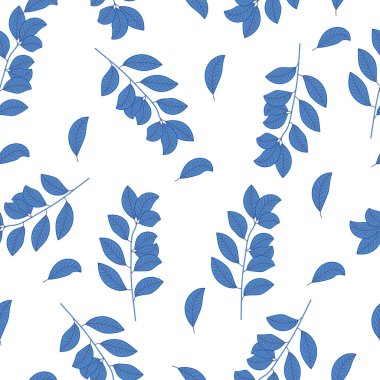 Blue seamless pattern with branches and leaves drawn in vector. Natural motives background.