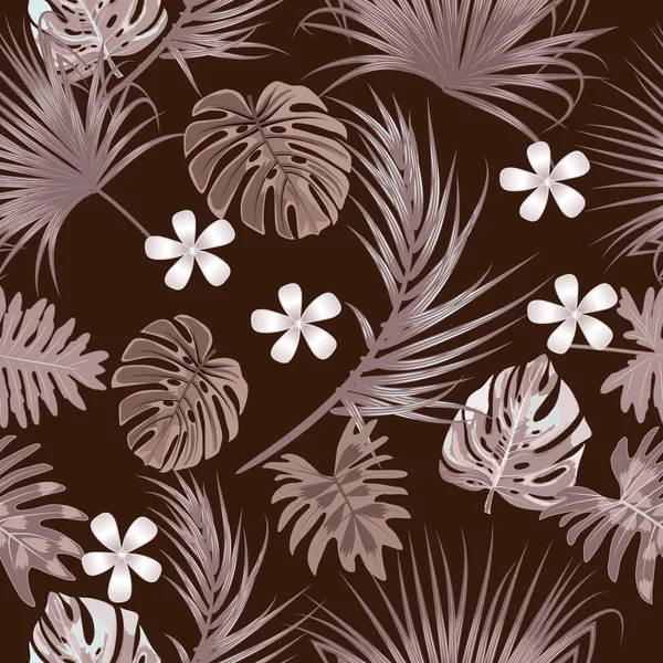 Seamless Vector Pattern Monochrome Beige Palm Tree Leaves Flowers Chocolate — Stockvektor
