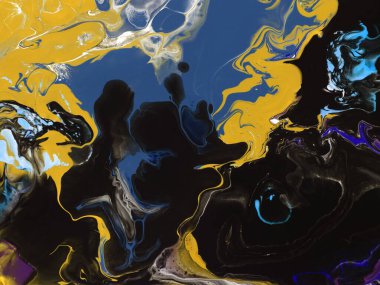 Mavi ve sarı renklerde soyut yaratıcı sanat resimleri, akrilik el boyalı mermer dokular, soyut okyanus. Modern sanat. Çağdaş sanat.