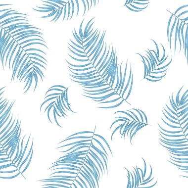 Mavi tropikal orman palmiyesi kusursuz vektör deseni bırakır. Botanik arka planı, orman duvar kağıdı 