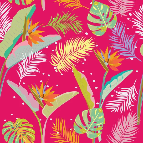 Motif Vectoriel Tropical Sans Couture Avec Des Feuilles Strelitzia Palmier — Image vectorielle