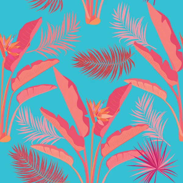 Strelitzia Yaprakları Palmiye Ağaçları Çiçekli Vektör Tropikal Desen Botanik Mavisi — Stok Vektör