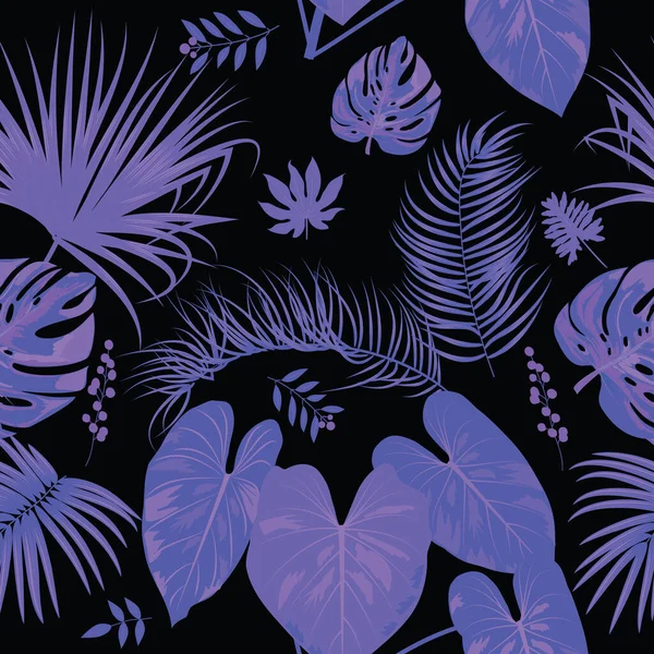 Sömlös Mönster Med Violetta Tropiska Palmblad Och Blommor Vit Bakgrund — Stock vektor
