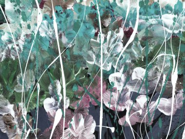 Mavi ve yeşil soyut çiçekler el boyası doku, sanat arkaplan, akrilik tablo. Modern sanat. Çağdaş sanat.