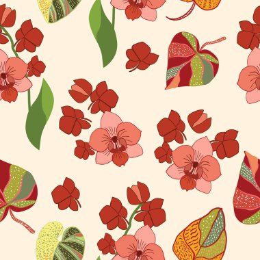 Dekoratif vektör kusursuz desen, parlak canavar yaprakları ve çiçekler. Tropik arka plan, orman duvar kağıdı.