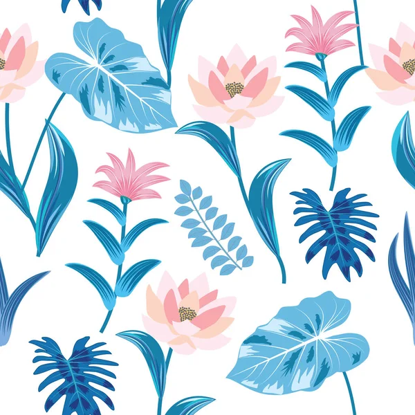 Tropik palmiye yaprakları ve çiçeklerin mavi ve pembemsi vektör deseni..