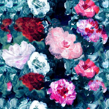 Kusursuz desenli soyut çiçekler, sanat resimleri, yaratıcı el boyası arka plan, fırça dokusu, akrilik boya. Modern sanat. Çağdaş sanat.