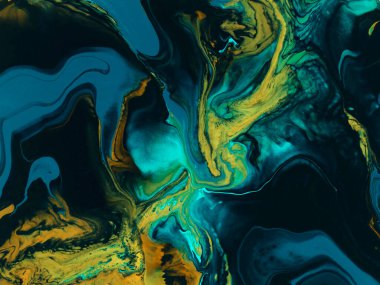 Neon sarısı, mavi ve yeşil soyut el boyalı arka plan, mermer dokular, soyut okyanus, tuvalin üzerinde akrilik resim. Modern sanat. Çağdaş sanat.