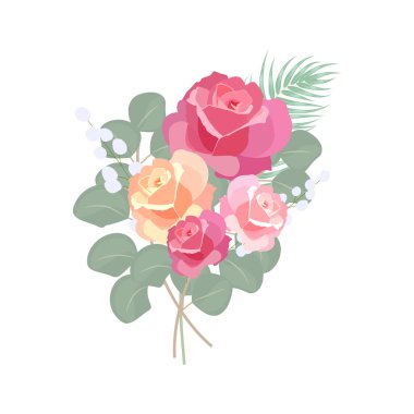 Gül ve okaliptüs yapraklı buket, beyaz arka planda izole edilmiş vektör, bitkiler, moda, kumaş, duvar kağıdı için botanik tasarımı