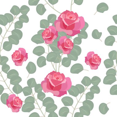 Pembe güller ve okaliptüs yapraklarıyla kusursuz desen, vektör arkaplan, bitkiler, moda, kumaş, duvar kağıdı için botanik tasarımı