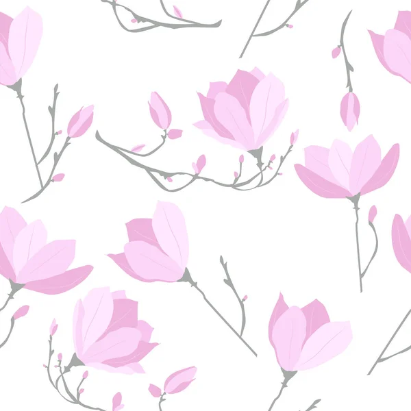 Magnolia Flowers Seamless Pattern Floral Pink Blooming White Background Abstract — Stock vektor