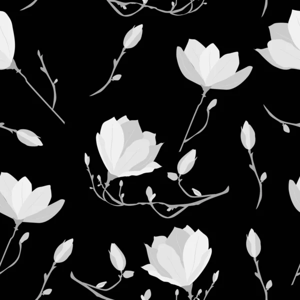 Magnolia Flowers Seamless Pattern Floral Black White Blooming Black Background — Stockový vektor