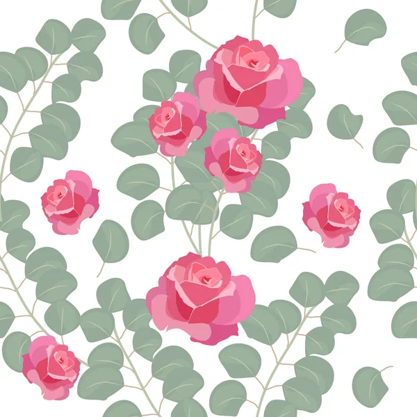 Pembe güller ve okaliptüs yapraklarıyla kusursuz desen, vektör arkaplan, bitkiler, moda, kumaş, duvar kağıdı için botanik tasarımı